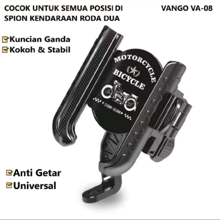 Vango VA-08 Holder HP Motor Double Lock Dudukan Handphone Spion Motor 360° Rotasi Universal Anti Jatuh Anti Getar dengan Locking Buckle Kokoh Bantalan Silikon Tebal Material ABS Aluminium untuk Ponsel 50-80 mm - Gambar 4