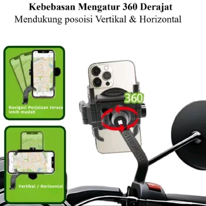 Vango VA-08 Holder HP Motor Double Lock Dudukan Handphone Spion Motor 360° Rotasi Universal Anti Jatuh Anti Getar dengan Locking Buckle Kokoh Bantalan Silikon Tebal Material ABS Aluminium untuk Ponsel 50-80 mm - Gambar 2
