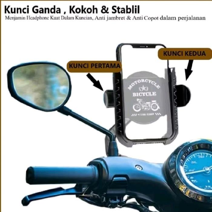 Vango VA-08 Holder HP Motor Double Lock Dudukan Handphone Spion Motor 360° Rotasi Universal Anti Jatuh Anti Getar dengan Locking Buckle Kokoh Bantalan Silikon Tebal Material ABS Aluminium untuk Ponsel 50-80 mm - Gambar 3