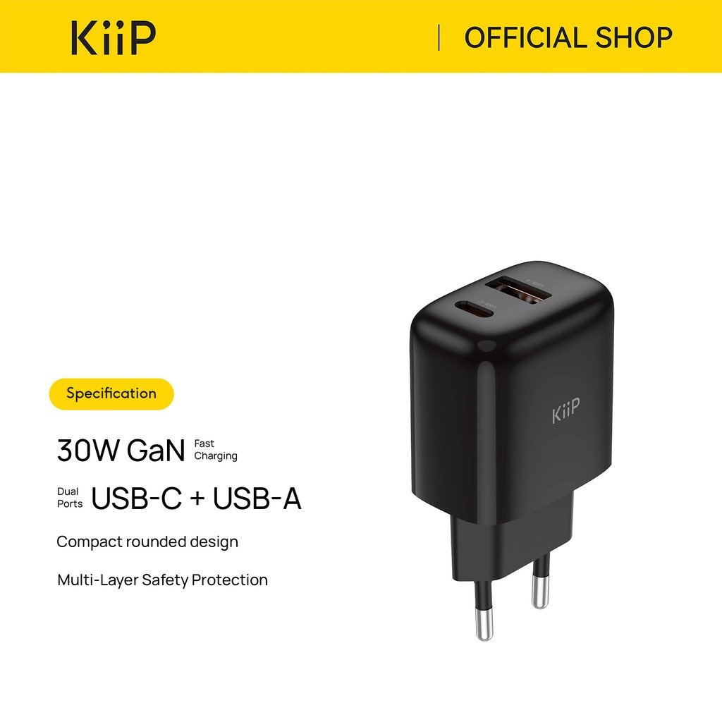 KiiP G30W 30W GaN Fast Charger G30W2PR Dual Port USB C USB A Kepala Charger Adaptor Adapter Mini Travel Compact Type C 30W USB A 18W dengan Teknologi GaN Pengisian Daya Efisien dan Stabil untuk Kebutuhan Harian Warna Hitam - Gambar 2