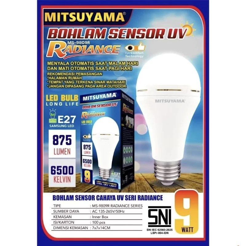 Mitsuyama MS-9809R Lampu LED Radiance 9W Sensor Cahaya UV Ultraviolet Otomatis Nyala Saat Malam dan Mati Saat Pagi Fitting E27 875lm 6000-6500K Samsung LED Eye Comfort AC 135-265V untuk Rumah Kantor Toko Gudang - Gambar 2