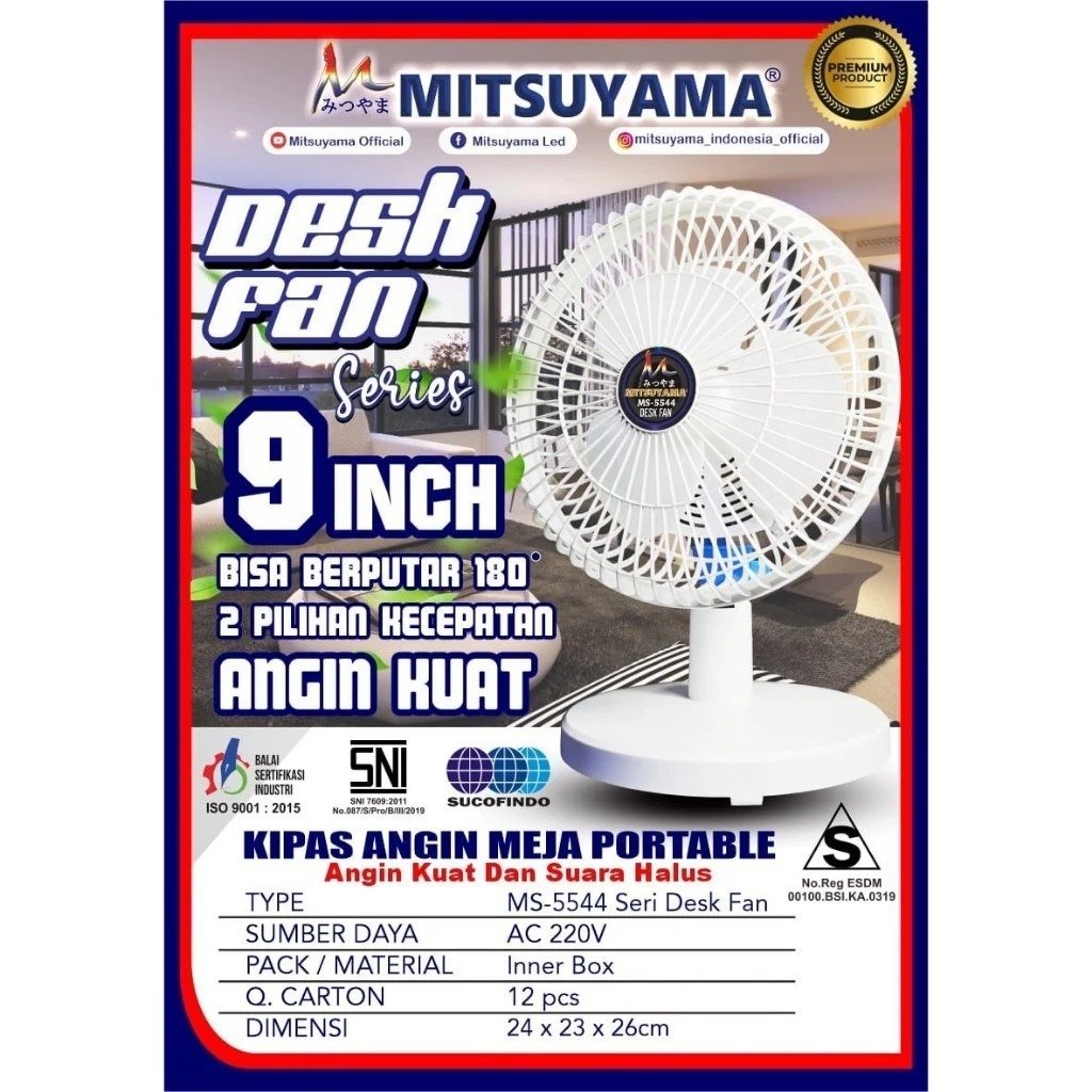 Mitsuyama MS-5544 Kipas Angin Meja 9 Inch Desk Fan Kipas Duduk SNI 2 Kecepatan Motor Kuat Angin Kencang Suara Halus Daya 20-24W AC 220V Putar 180 Derajat untuk Rumah Kantor Kamar dan Meja Kerja - Gambar 5