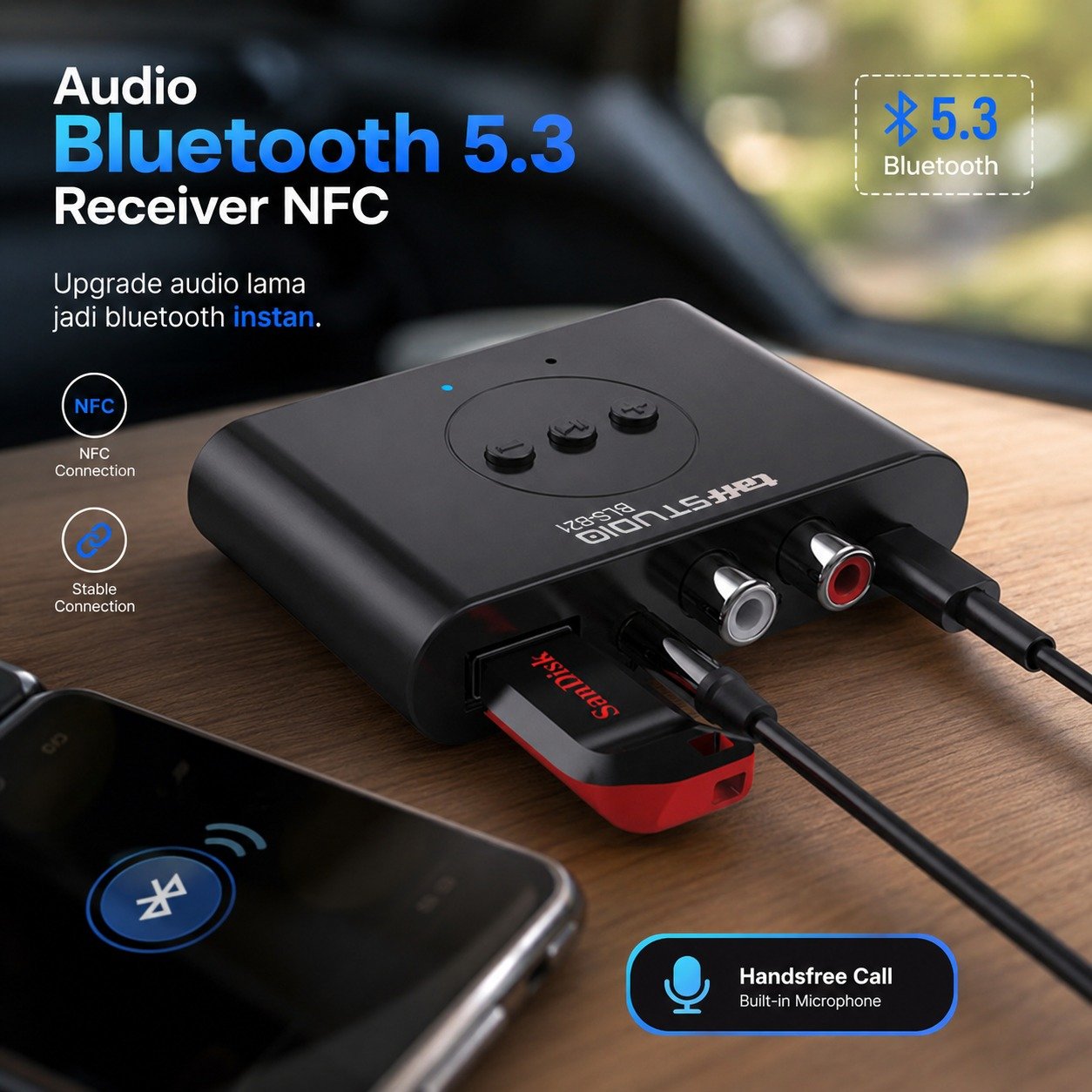 TaffSTUDIO BLS-B21 Bluetooth 5.3 Audio Receiver Adapter NFC 3.5mm AUX RCA USB Type A Type C Wireless Audio 10M untuk Speaker dan Head Unit Mobil dengan A2DP AVRCP Plug and Play serta Dukungan Flashdisk FAT32 - Gambar 10