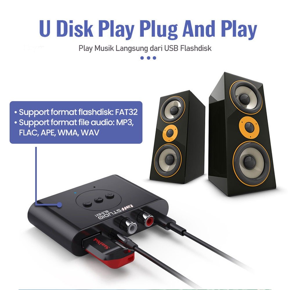 TaffSTUDIO BLS-B21 Bluetooth 5.3 Audio Receiver Adapter NFC 3.5mm AUX RCA USB Type A Type C Wireless Audio 10M untuk Speaker dan Head Unit Mobil dengan A2DP AVRCP Plug and Play serta Dukungan Flashdisk FAT32 - Gambar 5