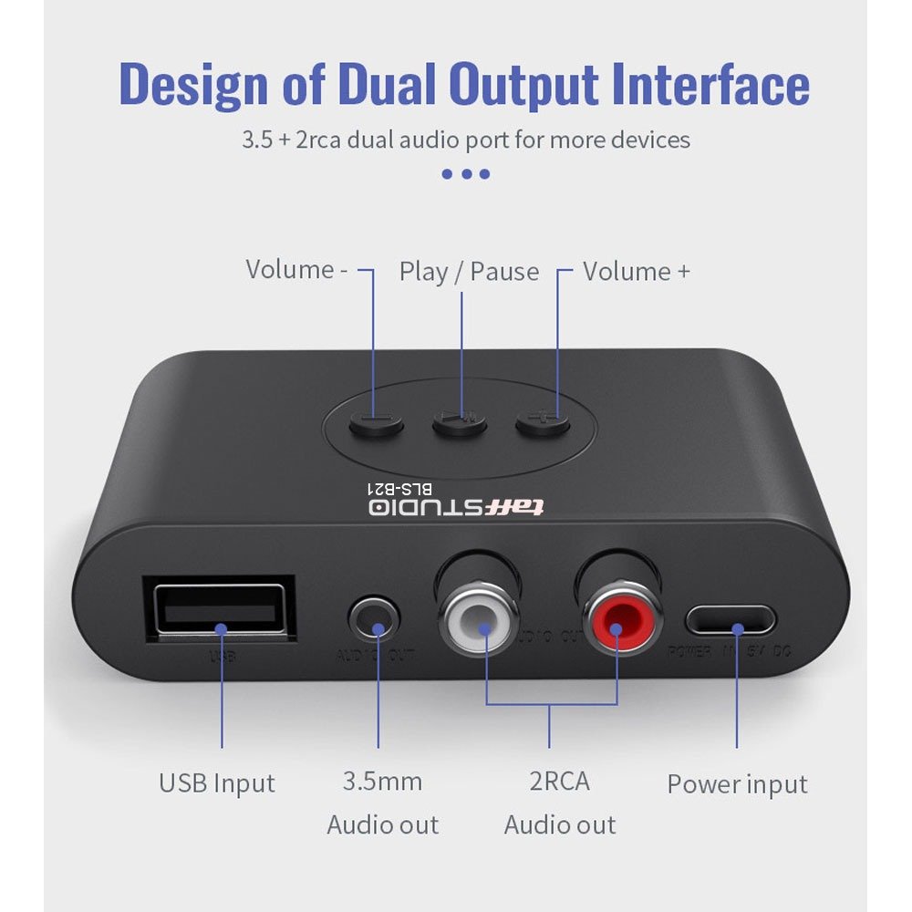 TaffSTUDIO BLS-B21 Bluetooth 5.3 Audio Receiver Adapter NFC 3.5mm AUX RCA USB Type A Type C Wireless Audio 10M untuk Speaker dan Head Unit Mobil dengan A2DP AVRCP Plug and Play serta Dukungan Flashdisk FAT32 - Gambar 3