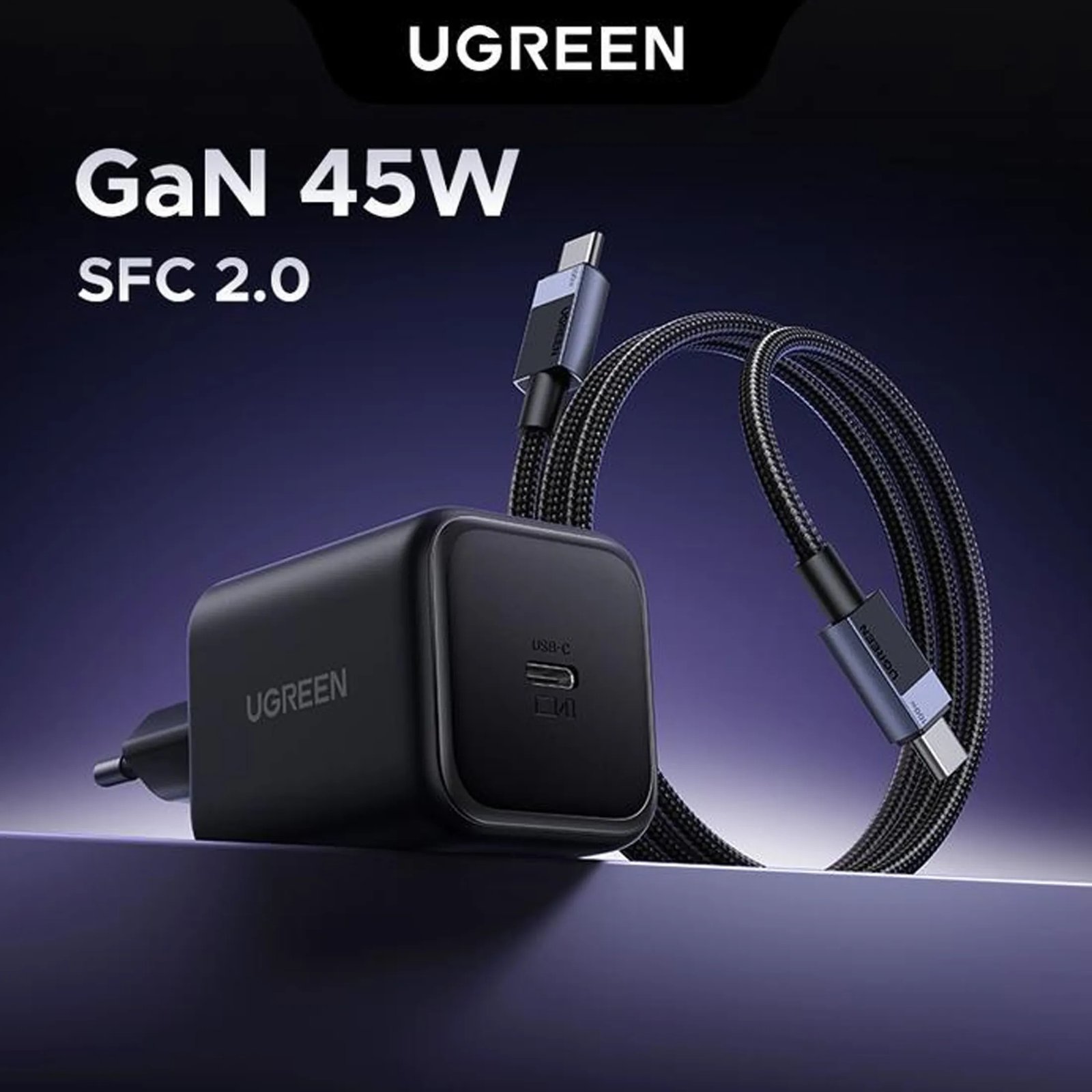 UGREEN 65054 Charger GaN 45W Type C Fast Charging Set Kabel 1M Single Port USB C PD PPS QC Charger Adaptor Adapter Power Delivery untuk Laptop Tablet dan Smartphone Nexode Black Pengisian Cepat Original Warna Hitam - Gambar 3