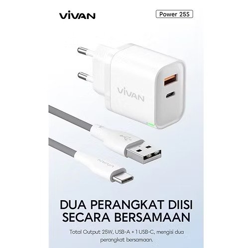 VIVAN Power 25S 25W Charger Adapter Dual Port USB-A + USB-C Type-C Type C Fast Charging dengan Kabel Data Type-C untuk Pengisian Cepat Smartphone Tablet Gadget Input 100-240V Output hingga 25W Praktis - Gambar 6