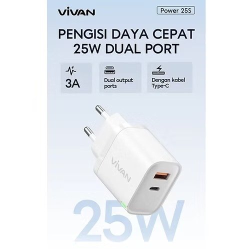 VIVAN Power 25S 25W Charger Adapter Dual Port USB-A + USB-C Type-C Type C Fast Charging dengan Kabel Data Type-C untuk Pengisian Cepat Smartphone Tablet Gadget Input 100-240V Output hingga 25W Praktis - Gambar 7