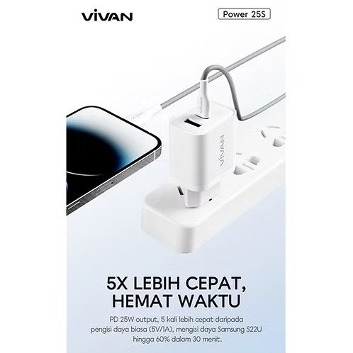 VIVAN Power 25S 25W Charger Adapter Dual Port USB-A + USB-C Type-C Type C Fast Charging dengan Kabel Data Type-C untuk Pengisian Cepat Smartphone Tablet Gadget Input 100-240V Output hingga 25W Praktis - Gambar 2