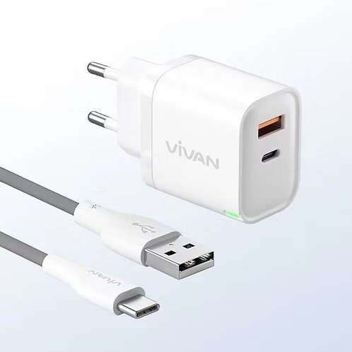 VIVAN Power 25S 25W Charger Adapter Dual Port USB-A + USB-C Type-C Type C Fast Charging dengan Kabel Data Type-C untuk Pengisian Cepat Smartphone Tablet Gadget Input 100-240V Output hingga 25W Praktis - Gambar 3