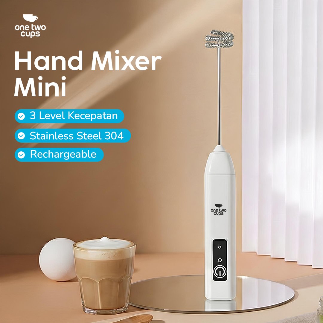 One Two Cups HMP01 Hand Mixer Mini 500mAh Milk Frother Pengocok Telur Kopi Susu 3 Kecepatan USB Type C Rechargeable Stainless Steel 304 untuk Membuat Buih Susu Cappuccino Latte dan Minuman Favorit di Rumah Warna Putih - Gambar 3