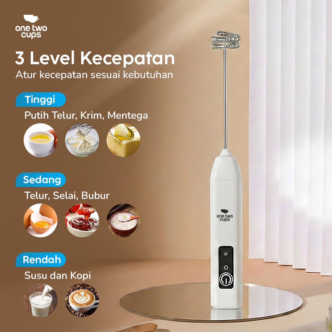 One Two Cups HMP01 Hand Mixer Mini 500mAh Milk Frother Pengocok Telur Kopi Susu 3 Kecepatan USB Type C Rechargeable Stainless Steel 304 untuk Membuat Buih Susu Cappuccino Latte dan Minuman Favorit di Rumah Warna Putih - Gambar 2