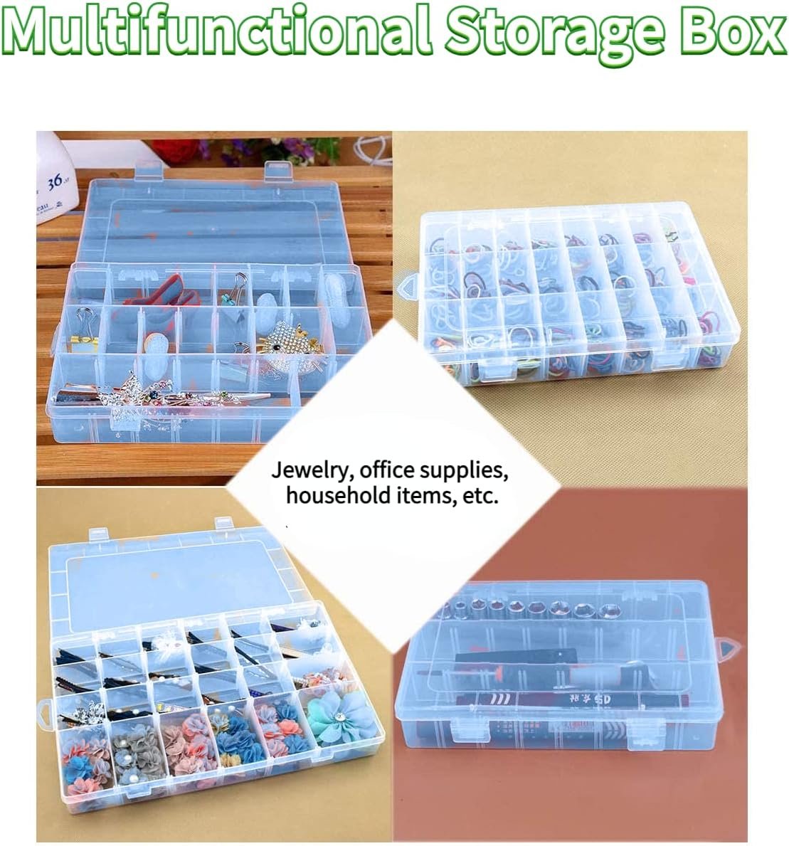 SQUARE J24D Kotak Penyimpanan Multifungsi Adjustable Grid Box 24 Slot Transparan Organizer Barang Kecil untuk Perhiasan Cincin Anting Mur Baut Kancing dan Peniti dengan Sekat Fleksibel Bisa Dilepas Pasang - Gambar 3