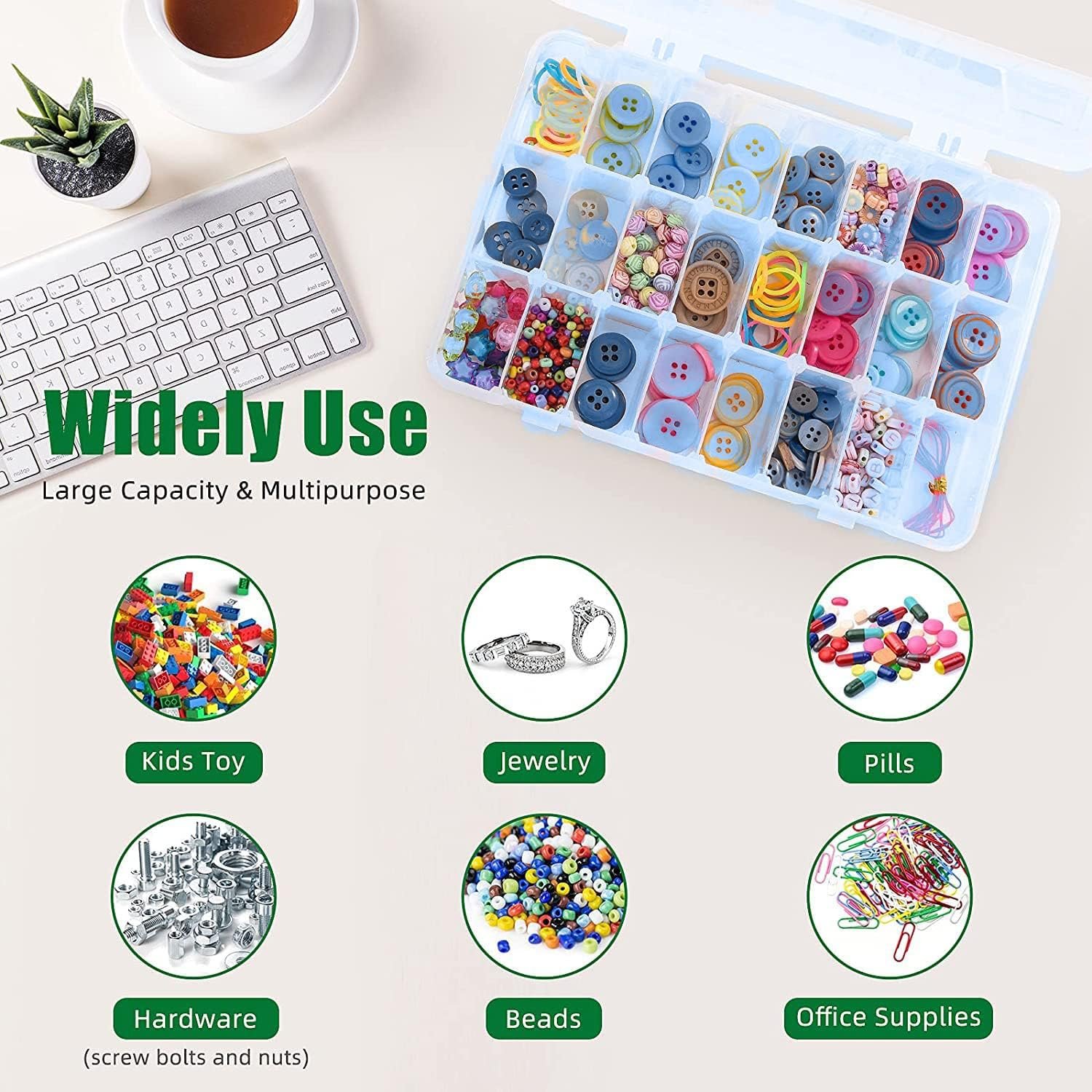 SQUARE J24D Kotak Penyimpanan Multifungsi Adjustable Grid Box 24 Slot Transparan Organizer Barang Kecil untuk Perhiasan Cincin Anting Mur Baut Kancing dan Peniti dengan Sekat Fleksibel Bisa Dilepas Pasang - Gambar 4