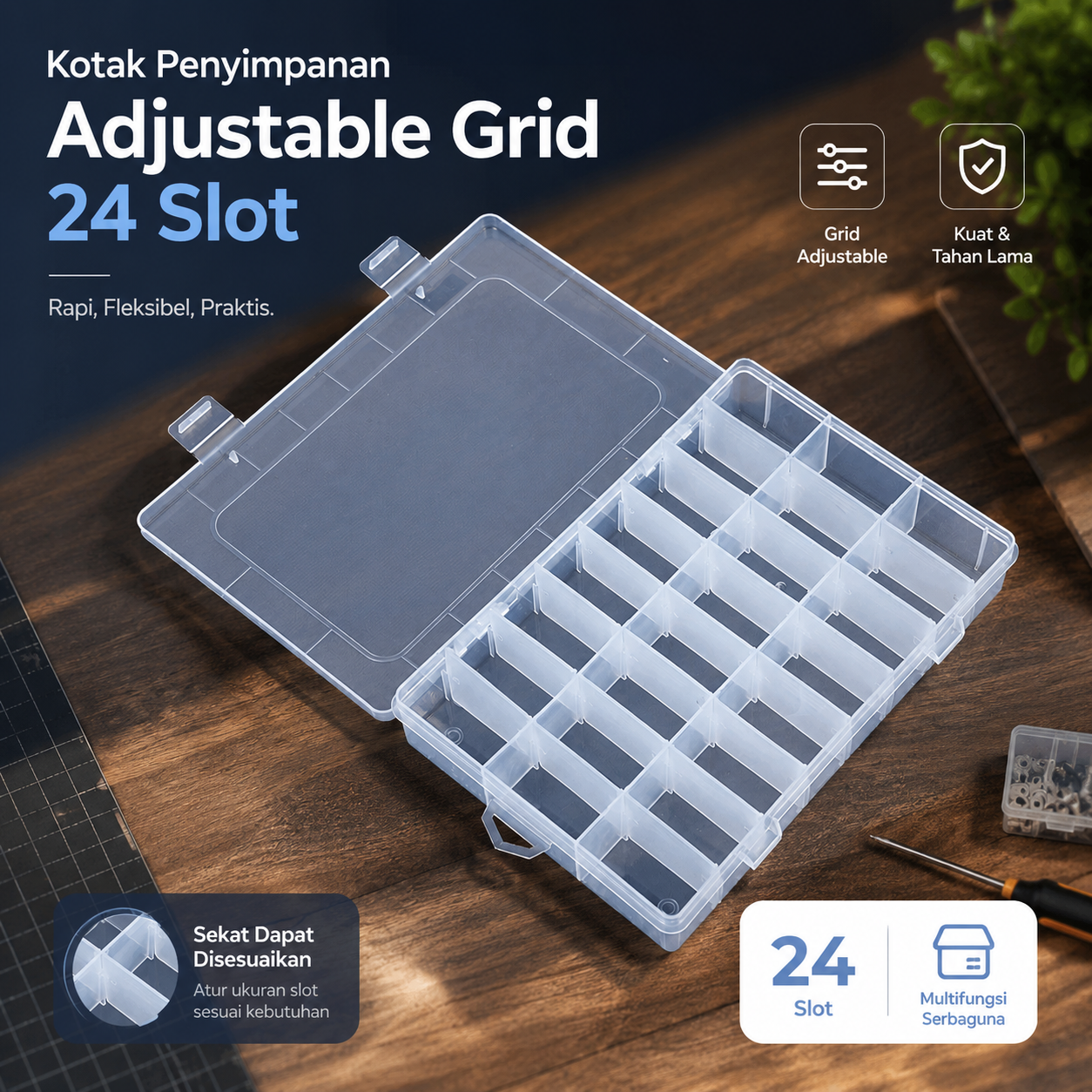 SQUARE J24D Kotak Penyimpanan Multifungsi Adjustable Grid Box 24 Slot Transparan Organizer Barang Kecil untuk Perhiasan Cincin Anting Mur Baut Kancing dan Peniti dengan Sekat Fleksibel Bisa Dilepas Pasang - Gambar 9