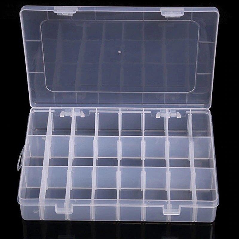 SQUARE J24D Kotak Penyimpanan Multifungsi Adjustable Grid Box 24 Slot Transparan Organizer Barang Kecil untuk Perhiasan Cincin Anting Mur Baut Kancing dan Peniti dengan Sekat Fleksibel Bisa Dilepas Pasang - Gambar 5