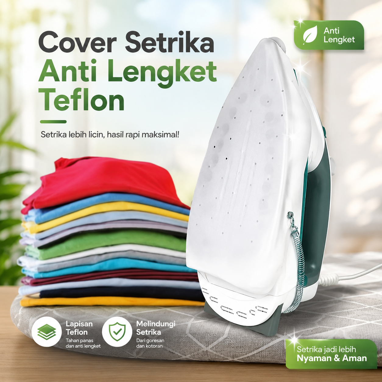 TaffHOME Cover Setrika 0400 Anti Lengket Non-Stick Teflon Tahan Panas Pelindung Alas Setrika dengan Pengait Pegas Membantu Menyalurkan Panas Secara Merata dan Mengurangi Risiko Pakaian Bolong atau Terbakar - Gambar 2