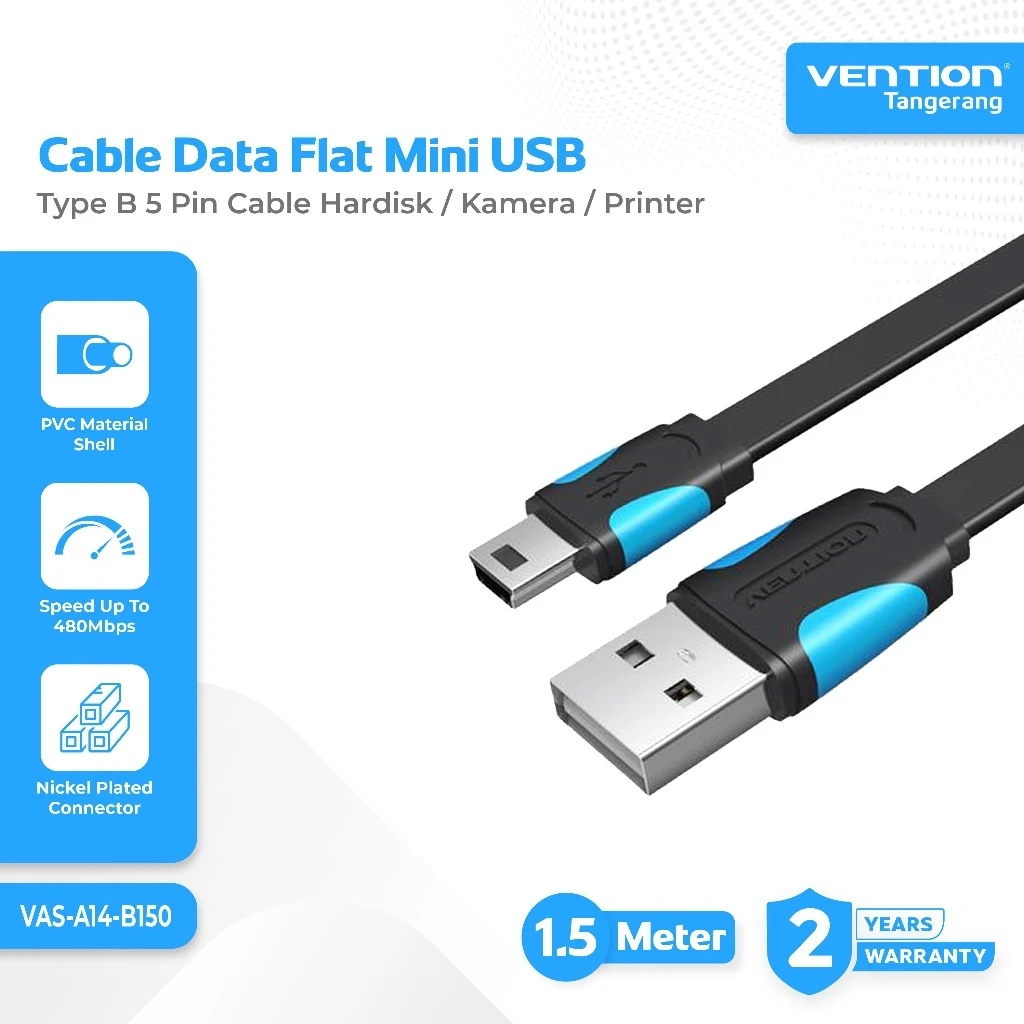 VENTION VAS-A14-B150 Kabel USB 2.0 A Male to Mini USB Type B 5 Pin Male 1.5M Flat Cable Data dan Charging untuk Hardisk Kamera Printer Audio HDD SSD Transfer Data 480Mbps Arus 2A Warna Hitam Garansi Resmi 2 Tahun - Gambar 6