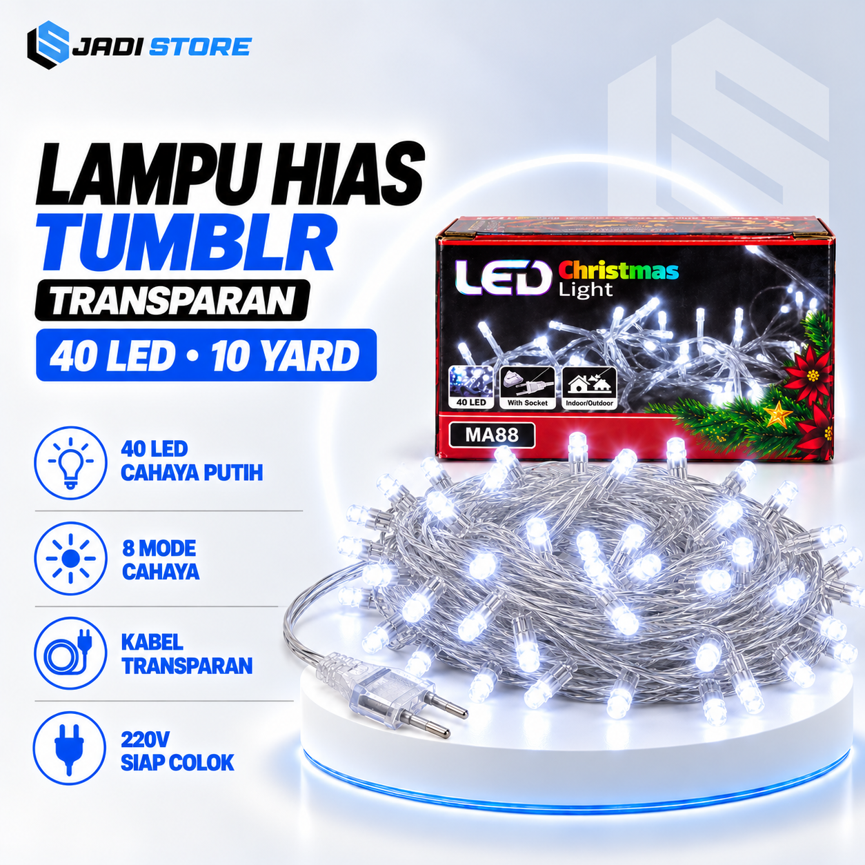 Lampu Hias Tumblr Putih Transparan 40 LED 10 Yard Lampu Natal Warna Warni dengan 8 Mode Cahaya untuk Dekorasi Kamar Rumah dan Acara Agustusan Kabel Transparan AC 220V-240V Dilengkapi Colokan Listrik Bisa Disambung Paralel