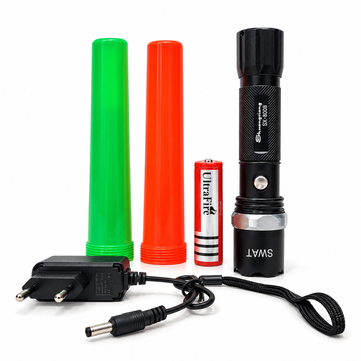 Shuangxiong SX-8008 Senter Police Swat Kompas LED Cas Zoom Putar Senter Polisi dengan Baterai ULTRAFIRE Tombol On Off Kompas Belakang Lampu Sorot untuk Parkir Lalin Patroli Keamanan Lengkap Charger Tali Gantung Selongsong Baterai AAA dan 2 Cone Lalu Lintas Oranye Hijau - Gambar 4