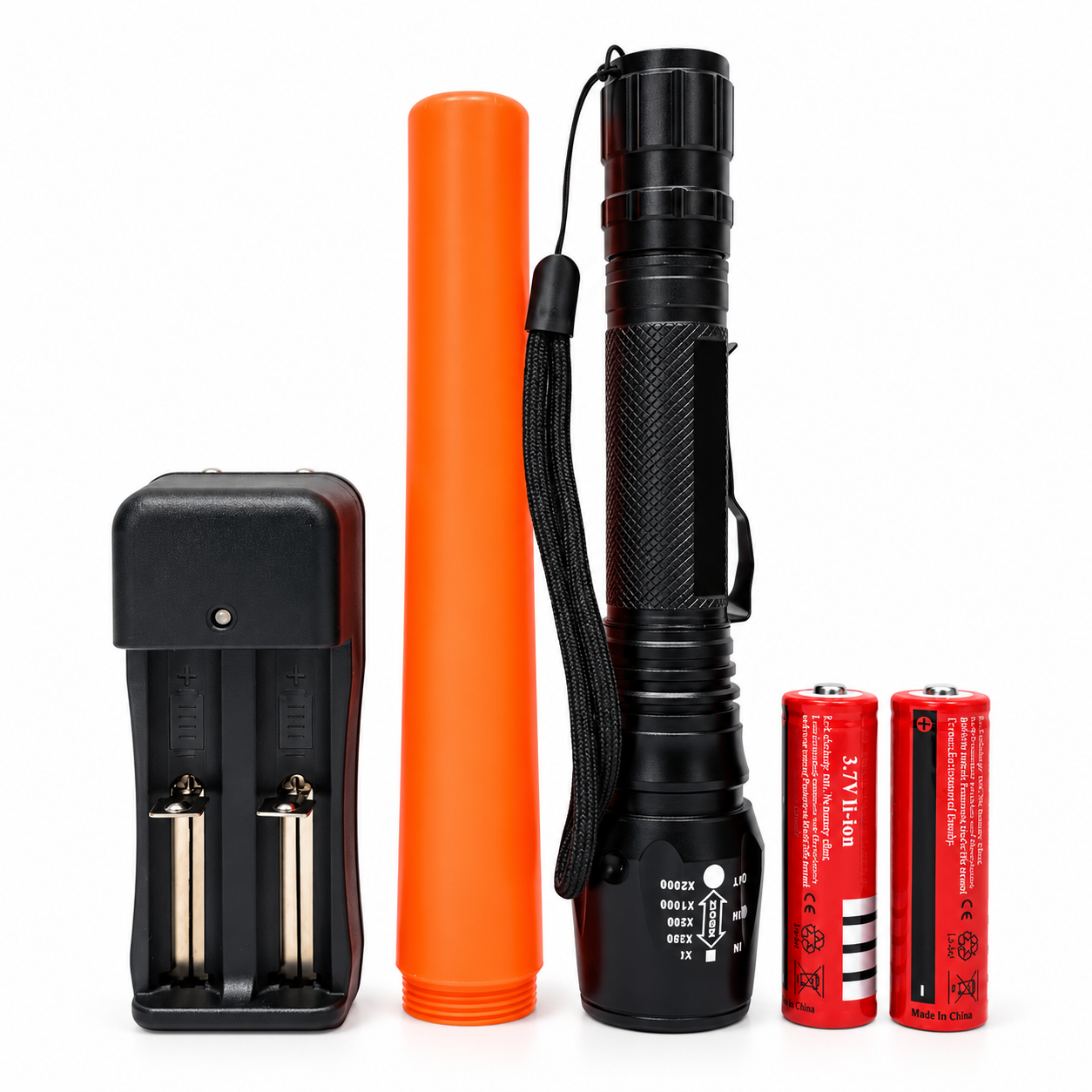 Senter Police SWAT T6 Flashlight 036 LED Zoom In Out 5 Mode Cahaya dengan 2 Baterai 18650 Charger Universal 2 Slot Cone Lalin Senter Aluminium Alloy untuk Outdoor Camping Touring Berburu Memancing dan Kebutuhan Darurat - Gambar 3