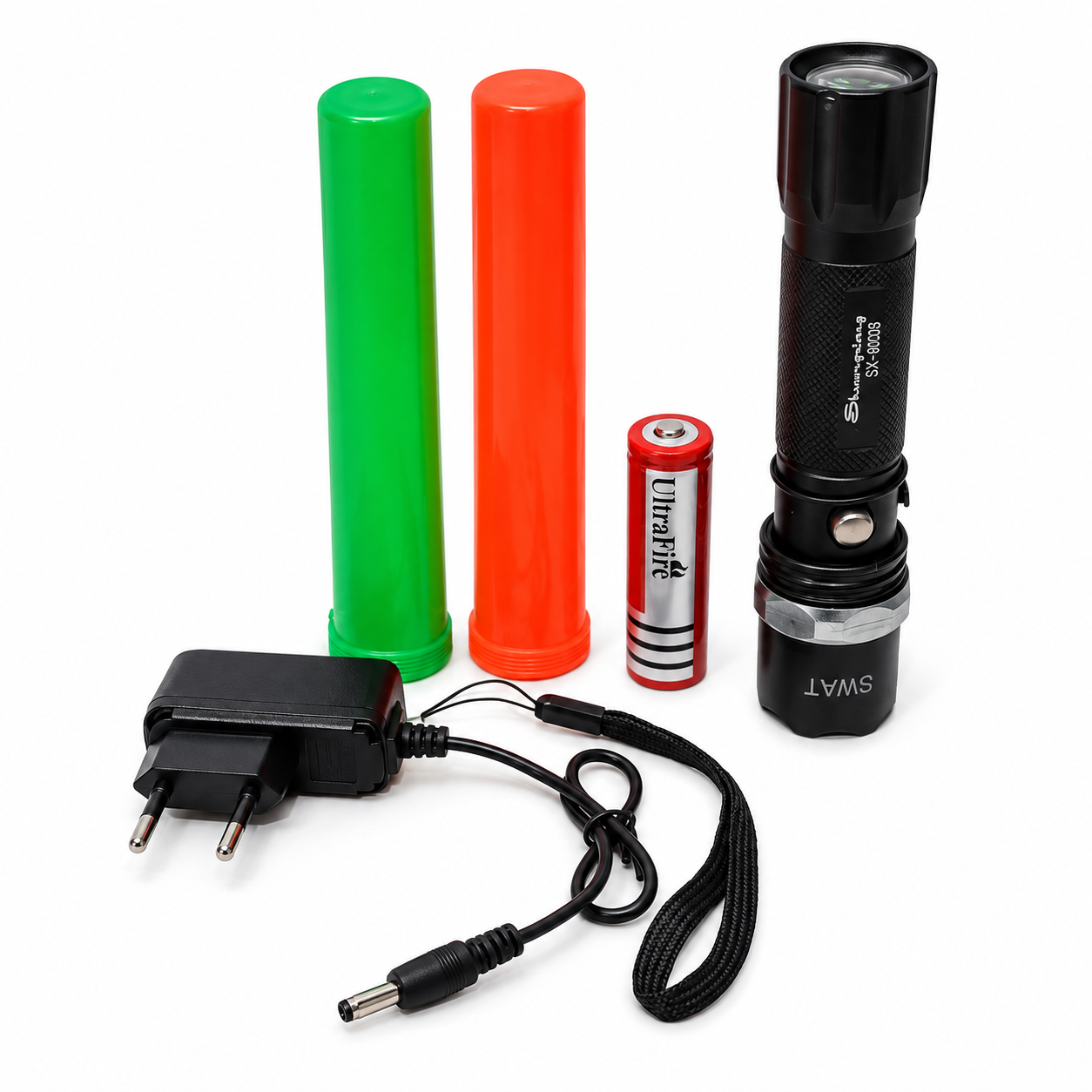 Shuangxiong SX-8008 Senter Police Swat Kompas LED Cas Zoom Putar Senter Polisi dengan Baterai ULTRAFIRE Tombol On Off Kompas Belakang Lampu Sorot untuk Parkir Lalin Patroli Keamanan Lengkap Charger Tali Gantung Selongsong Baterai AAA dan 2 Cone Lalu Lintas Oranye Hijau - Gambar 3