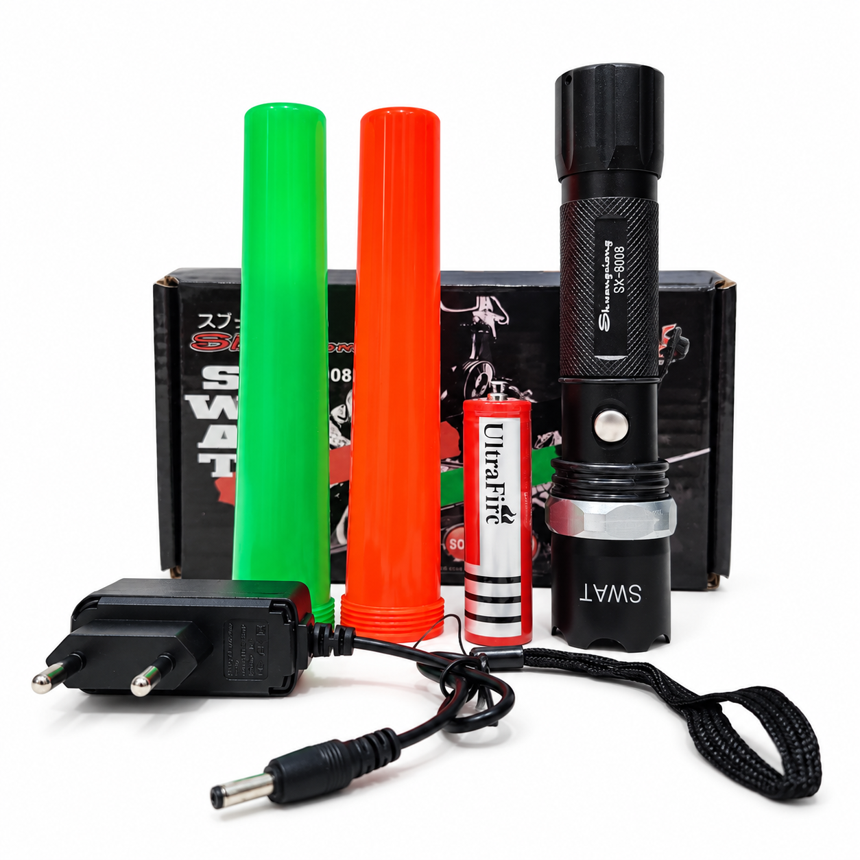 Shuangxiong SX-8008 Senter Police Swat Kompas LED Cas Zoom Putar Senter Polisi dengan Baterai ULTRAFIRE Tombol On Off Kompas Belakang Lampu Sorot untuk Parkir Lalin Patroli Keamanan Lengkap Charger Tali Gantung Selongsong Baterai AAA dan 2 Cone Lalu Lintas Oranye Hijau - Gambar 5