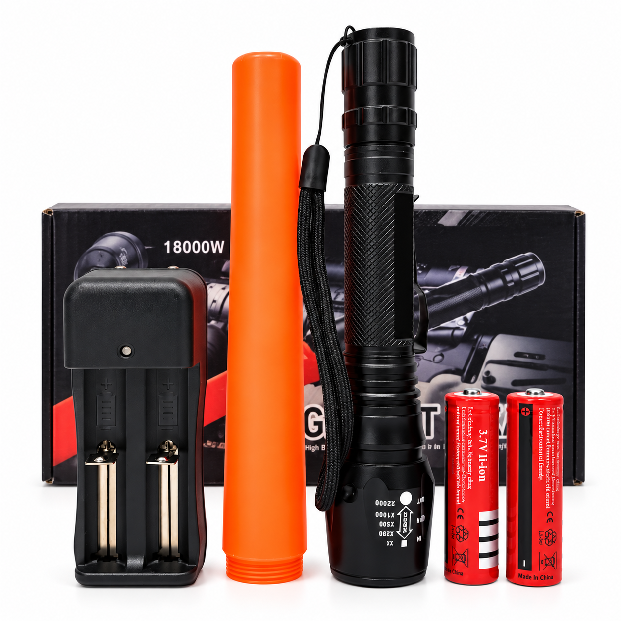 Senter Police SWAT T6 Flashlight 036 LED Zoom In Out 5 Mode Cahaya dengan 2 Baterai 18650 Charger Universal 2 Slot Cone Lalin Senter Aluminium Alloy untuk Outdoor Camping Touring Berburu Memancing dan Kebutuhan Darurat - Gambar 2