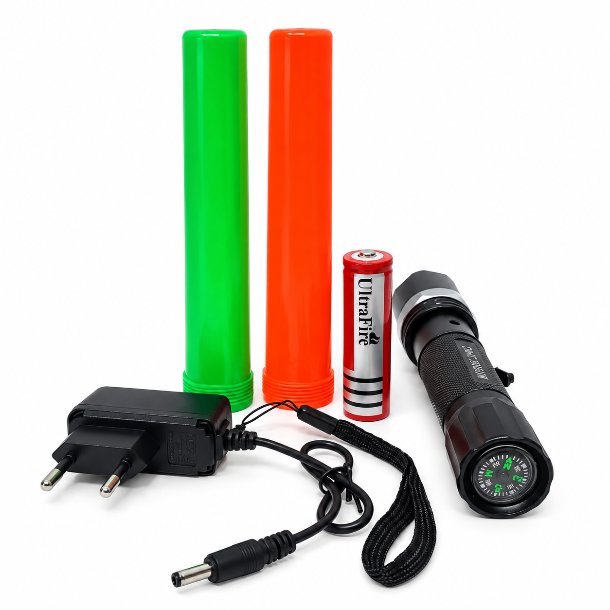 Shuangxiong SX-8008 Senter Police Swat Kompas LED Cas Zoom Putar Senter Polisi dengan Baterai ULTRAFIRE Tombol On Off Kompas Belakang Lampu Sorot untuk Parkir Lalin Patroli Keamanan Lengkap Charger Tali Gantung Selongsong Baterai AAA dan 2 Cone Lalu Lintas Oranye Hijau - Gambar 2