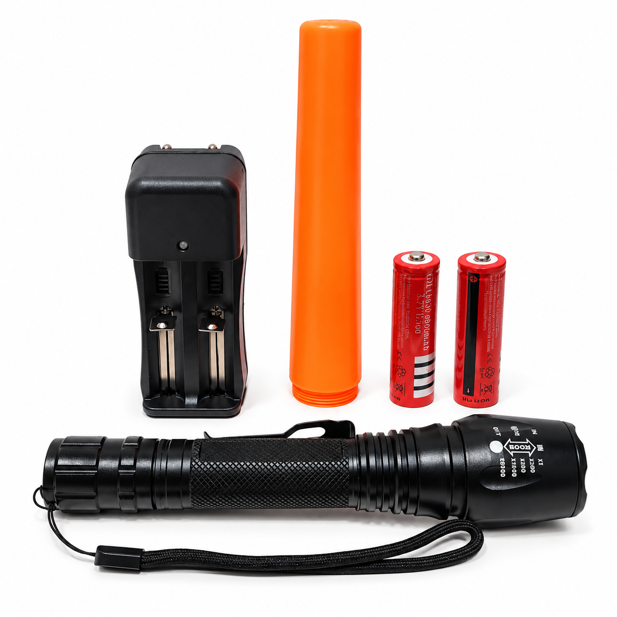 Senter Police SWAT T6 Flashlight 036 LED Zoom In Out 5 Mode Cahaya dengan 2 Baterai 18650 Charger Universal 2 Slot Cone Lalin Senter Aluminium Alloy untuk Outdoor Camping Touring Berburu Memancing dan Kebutuhan Darurat - Gambar 4