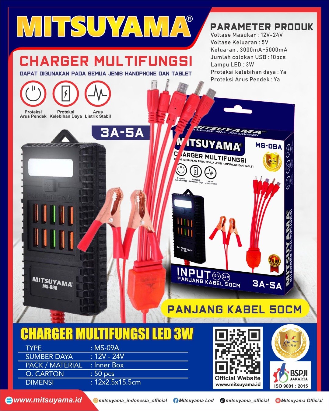 Mitsuyama MS-09A Charger Multifungsi Jepit Aki 12V-24V dengan 10 Port USB Output 5V Arus 3000mA-5000mA Lampu LED 3W Kabel 50cm Proteksi Arus Pendek dan Kelebihan Daya untuk Pengisian Perangkat USB saat Darurat - Gambar 5