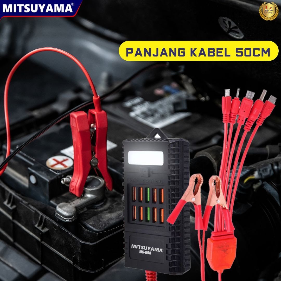 Mitsuyama MS-09A Charger Multifungsi Jepit Aki 12V-24V dengan 10 Port USB Output 5V Arus 3000mA-5000mA Lampu LED 3W Kabel 50cm Proteksi Arus Pendek dan Kelebihan Daya untuk Pengisian Perangkat USB saat Darurat - Gambar 4