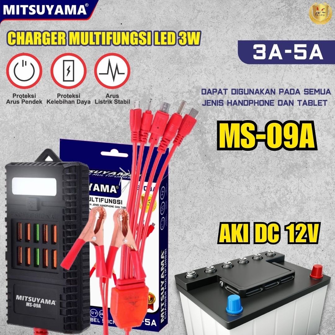 Mitsuyama MS-09A Charger Multifungsi Jepit Aki 12V-24V dengan 10 Port USB Output 5V Arus 3000mA-5000mA Lampu LED 3W Kabel 50cm Proteksi Arus Pendek dan Kelebihan Daya untuk Pengisian Perangkat USB saat Darurat - Gambar 3