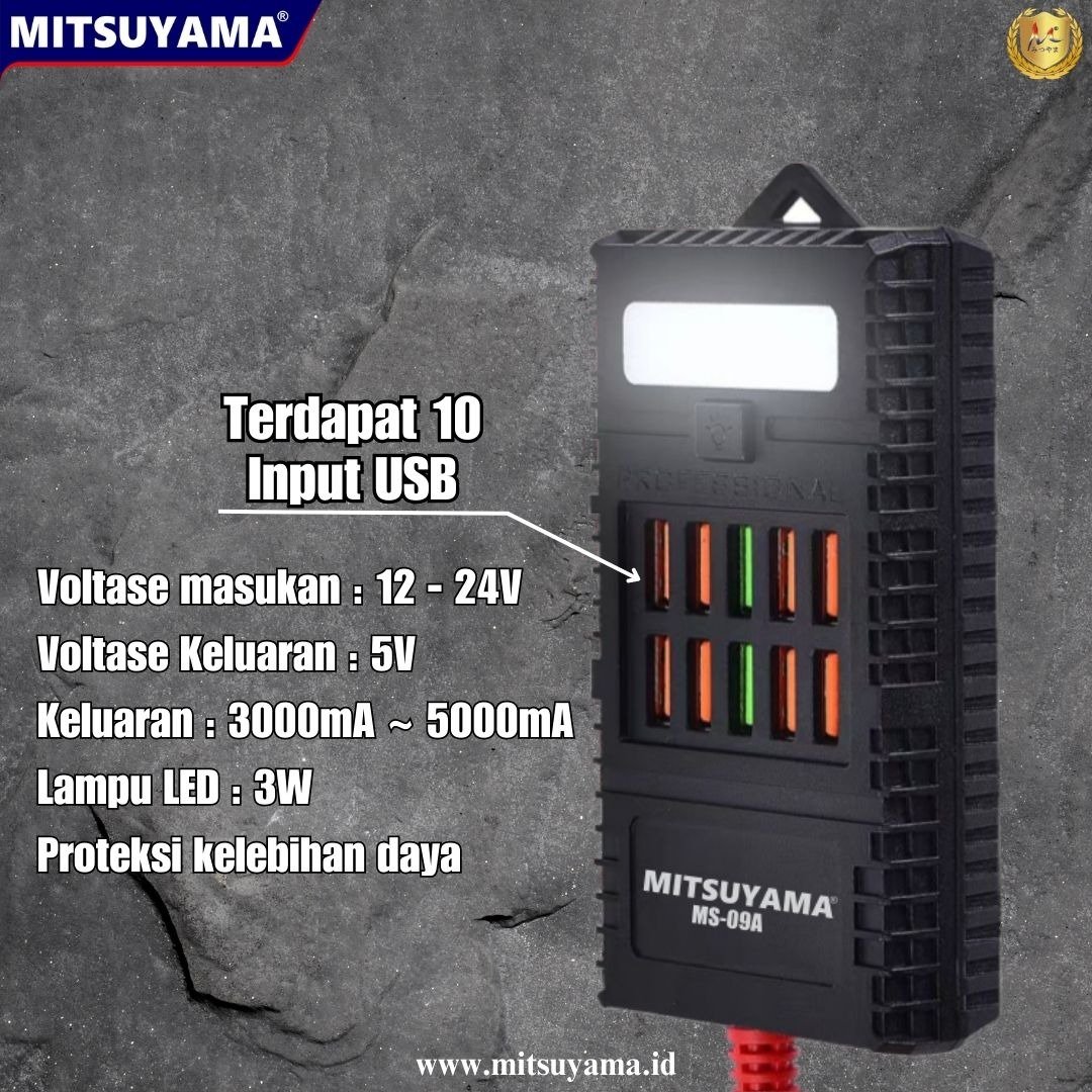 Mitsuyama MS-09A Charger Multifungsi Jepit Aki 12V-24V dengan 10 Port USB Output 5V Arus 3000mA-5000mA Lampu LED 3W Kabel 50cm Proteksi Arus Pendek dan Kelebihan Daya untuk Pengisian Perangkat USB saat Darurat - Gambar 2