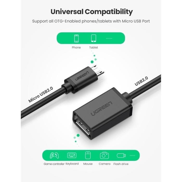 UGREEN 10396 Adapter OTG Micro USB ke USB 2.0 Female Kabel 12cm High Speed 480Mbps Material PVC dengan Konduktor Tembaga Kaleng untuk Koneksi Flashdisk Mouse Keyboard dan Perangkat USB Plug and Play dengan Dukungan Format FAT16 FAT32 - Gambar 2
