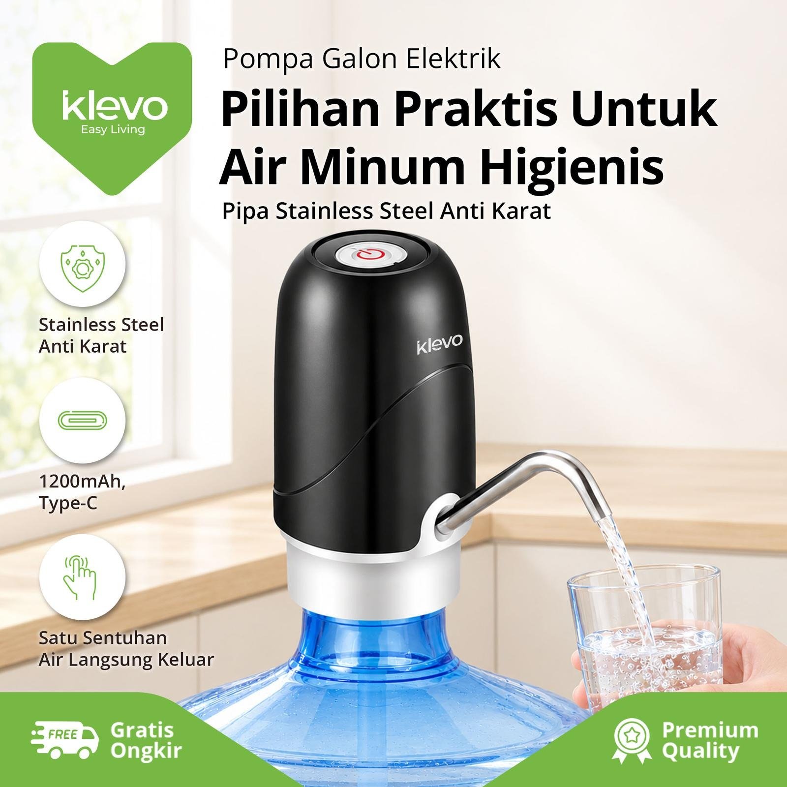 KLEVO KL-WP08 Pompa Air Galon Elektrik Otomatis Rechargeable 1200mAh Non LED USB Micro dengan Teknologi Low Noise Pipa Stainless Steel 304 Selang Silikon Food Grade Dispenser Air Minum Portable Praktis untuk Rumah Kantor dan Dapur - Gambar 9