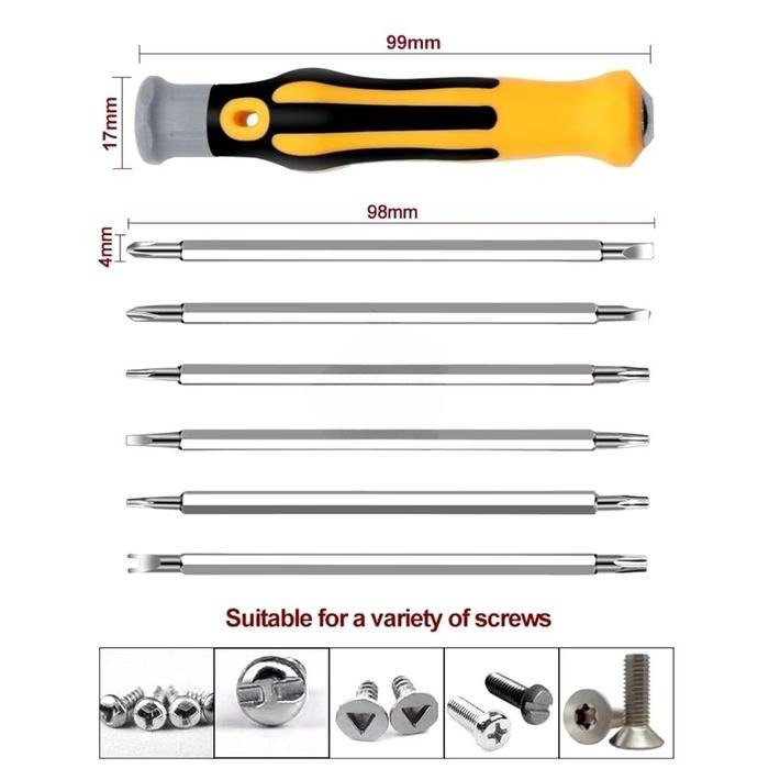Obeng HF-007 Set Bolak Balik 12 Mata Obeng 12 in 1 Plus Minus Bintang Multifungsi Panjang 14 cm dengan Mata T5 T6 T7 T8 T9 T10 T15 Y3.0 M2.6 PH0 Minus 2mm dan 2.5mm untuk Servis Perangkat Elektronik serta Perbaikan Rumah - Gambar 3