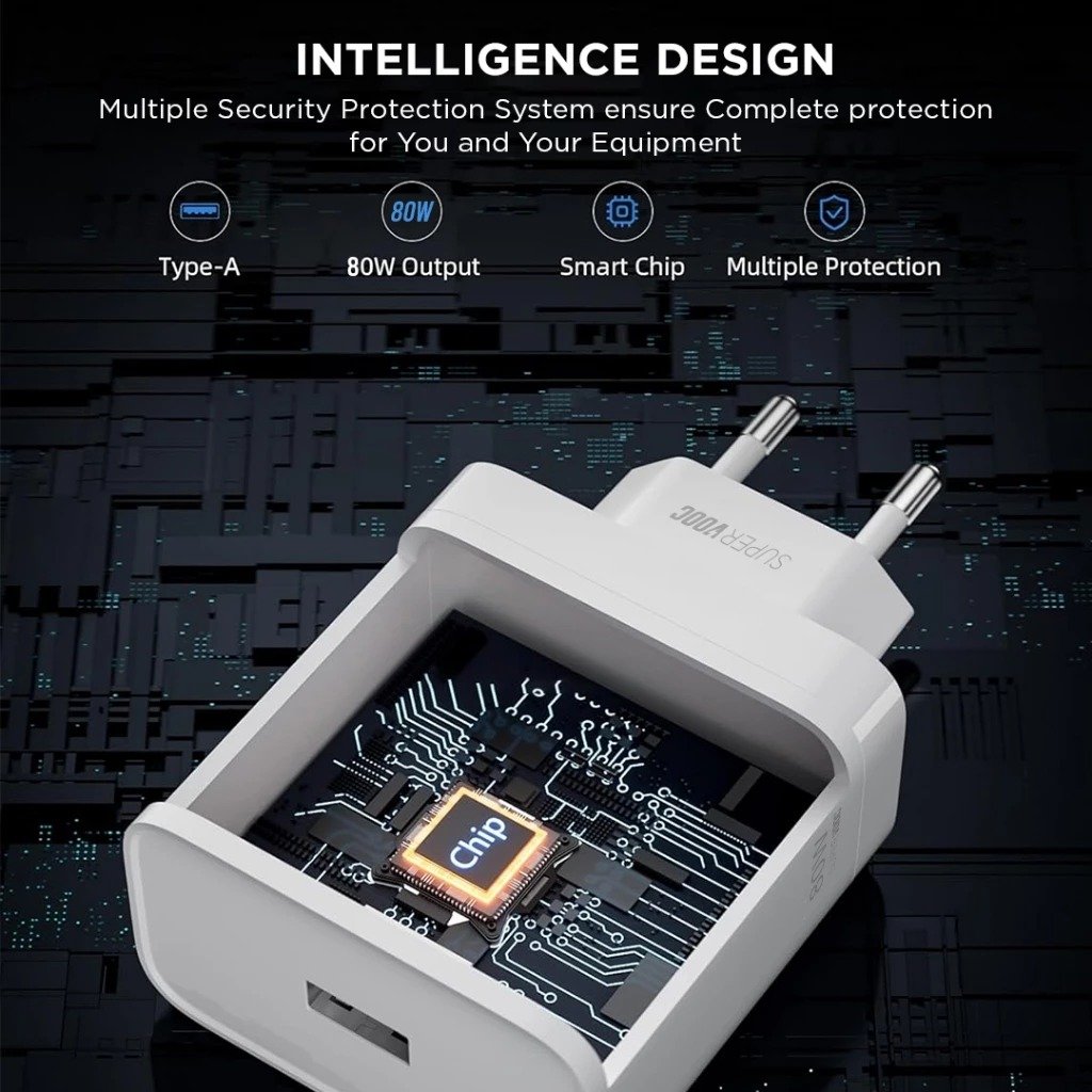 Orime Charger Oppo Super VOOC 80W USB A Fast Charging Original Adaptor Kepala Charger Putih Output Maksimal 80 Watt Input 100-240V 1.2A 50-60Hz Pengisi Daya Cepat untuk Smartphone yang Kompatibel dengan Teknologi VOOC - Gambar 2