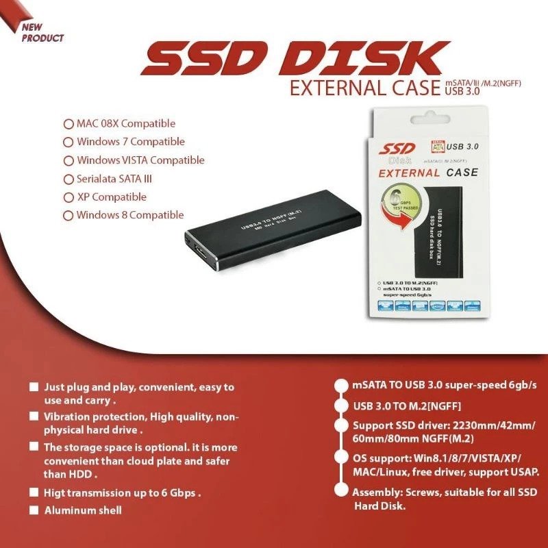 SSD External Case M.2 NGFF SATA USB 3.0 Aluminium Enclosure untuk SSD M.2 ukuran 2230 2242 2260 2280 Adapter Penyimpanan Eksternal Plug and Play Tanpa Driver dengan Koneksi USB untuk Transfer Data ke Komputer - Gambar 4