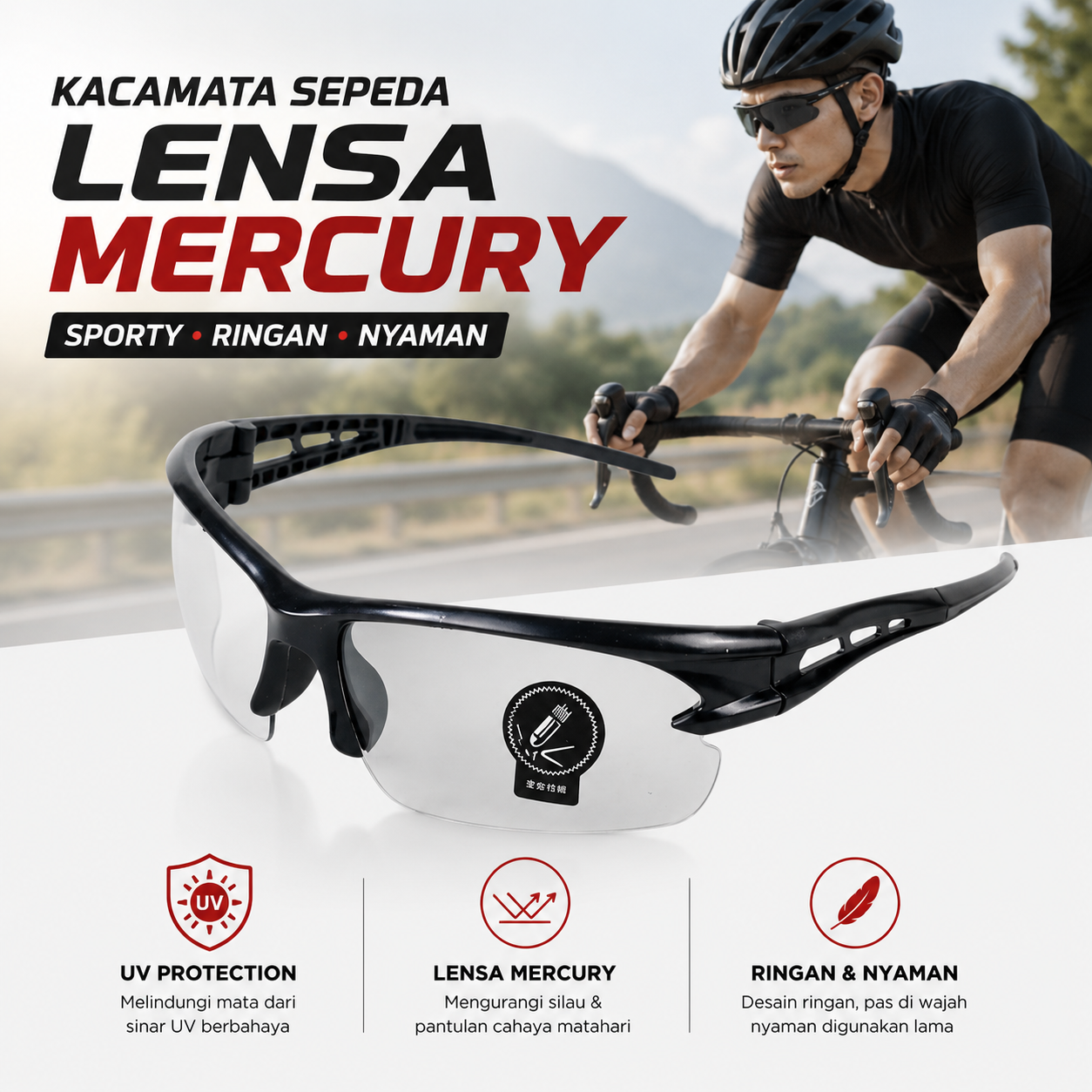 TaffSPORT HAOGHIMENG Kacamata Sepeda 3015 Lensa Mercury Cycling Sport Kacamata Olahraga Outdoor dengan Frame Plastik Ringan dan Kokoh Desain Sporty Futuristik untuk Bersepeda Berkendara Lari dan Aktivitas Outdoor - Gambar 2